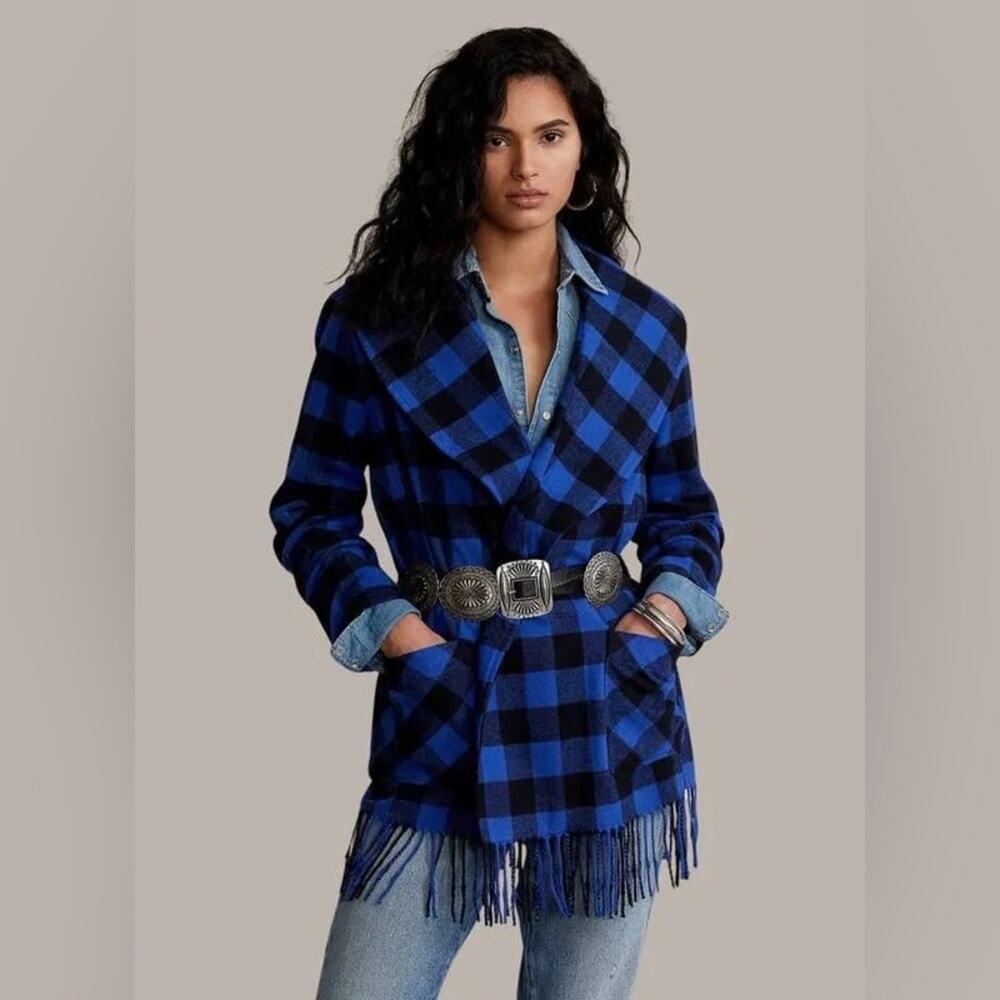 Polo Ralph Lauren Checked Plaid Fringe Belted Jacket Blue Black L